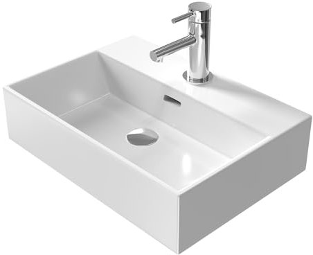 EMKE Lavamanos de Diseño Moderno, Lavabo de Cerámica con Borde Fino, Baño y Aseo de Invitados 515x360x130mm, Blanco, Cuadrado, Lavabo de Encimera