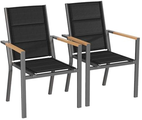 Devoko Gartenstuhl Set 2, Stapelbare Aluminium Esszimmerstühle, Maximale Belastung 160kg, Balkonstühle, Für Garten, Pool, Terrasse, Esszimmer, Gartenmöbel, Dunkelgrau & Holz
