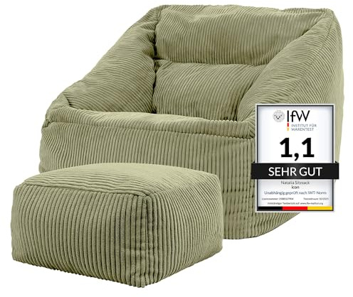 icon Natalia Cord Bean Bag Chair with Footstool, Sage Green, Large Adult Bean Bag with Filling Included, Comfy Chair, Armchair, Living Room, Living Room Furniture, Bedroom Furniture