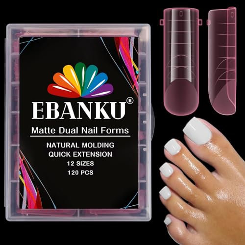 EBANKU 120 PCS Poly Gel Nail Forms for Toes, Pink Long Square Dual Forms for Polygel Pedi Nail Extension Poly Gel Toenails Set Reusable Toe Nail Tips Mold, 12 Sizes