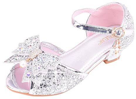 Prinsessskor flicka 28 med klack, eleganta dansskor, pumpskor, öppen tå, fiskmun festskor, cosplay-skor med rosett, glitter, bröllopsskor, klädskor, kvällsskor, silver, 27