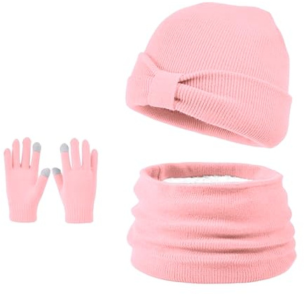 Ensemble Bonnet Echarpe Gants 3 en 1 Bonnet en Tricot Doublé de Laine Polaire à Nœud avec écharpe en Tricot Torsadé Gants à écran Tactile pour enfants âgés de 3 à 8 ans (Rose)