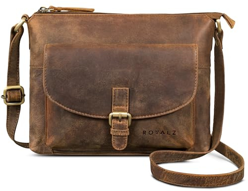 ROYALZ Maine moderne Vintage Damenhandtasche Leder klein - Echtleder Umhängetasche Damen Handtasche als Crossbody Bag oder Schultertasche für Freizeit Ausgehen Alltag;Farbe:Nevada braun