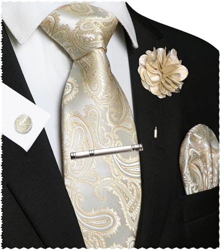 JEMYGINS Ensemble de cravates brodées Paisley pour homme, mouchoir de poche, pince à cravate, boutons de manchette, pour mariage, fête, affaires, multicolore
