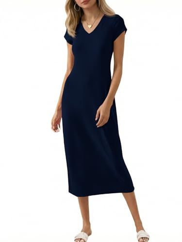 Wenrine Vestido Midi Tipo Camiseta para Mujer de Manga Corta y Cuello de Pico