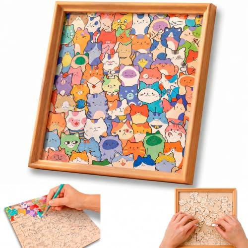 Puzzle Gato Madera para Adultos 75 Piezas para Colorear con Marco y 12 Rotuladores, Rompecabezas de Madera Gato DIY Decoración Hogar, Regalo Creativo para Amantes de los Gatos y Familia, 30x30 cm