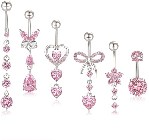 Dermalyx Set Da 6 Pezzi Per Piercing Ombelicale In Acciaio Chirurgico Argento Rosa, Anelli Per Ombelico Con Zirconia, Impermeabile, Piercing Addominale In Titanio Stile L