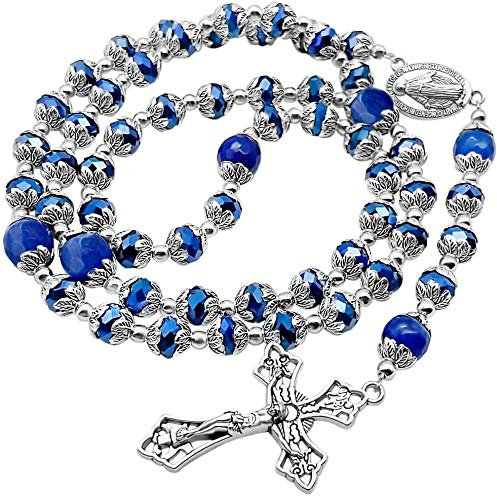 Nazareth Store Rosenkranz aus tiefblauen Kristallperlen, blaue Achat-Glory-Stein-Perlen-Halskette, wundersame Medaille und Kreuz, Kruzifix, Sammlung religiöser Rosenkränze