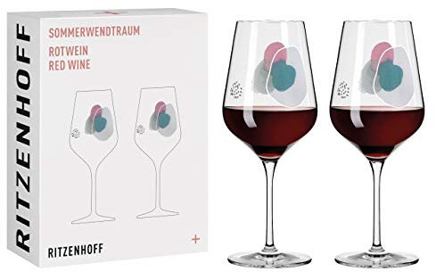 Ritzenhoff 3601001 Rotweinglas 500 ml – Serie Sommerwendtraum Set Nr. 1 – 2 Stück mit Aquarellkreisen – Made in Germany, Blau, Grau, Rot