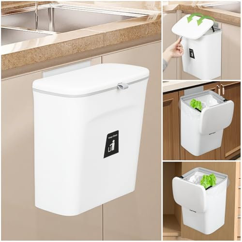 Poubelle à compost pour cuisine – 9 L – Poubelle de comptoir ou sous l'évier, petite poubelle à suspendre avec couvercle pour salle de bain/chambre(blanc)