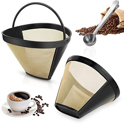 cersaty® Lot de 2 filtres à café réutilisables avec 1 cuillère doseuse en acier inoxydable 304 pour la filtration du café et du thé (or/noir)