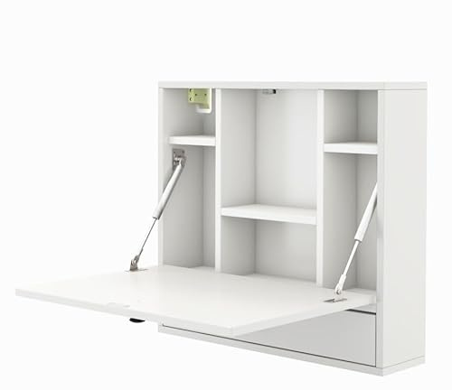 SFAREST Wall Mounted Desk, Folding Floating Drop Leaf Table with Storage Compartments and Drawer, Space Saving Hanging Laptop Desk for Home Office (White)