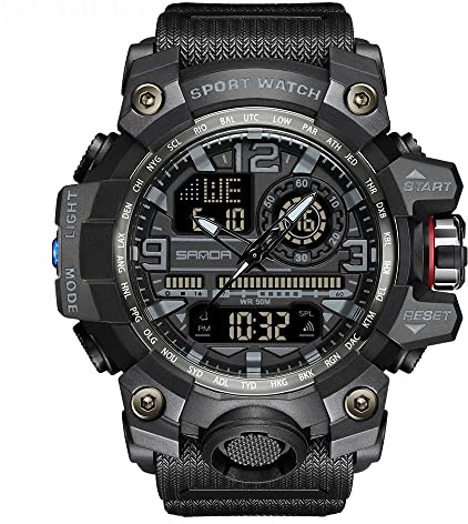 AIMES Herrklockor utomhussport vattentät militärklocka taktisk digital analog armbandsur datum multifunktion LED stort ansikte larm stoppur för män, 3133-svart, Sport vardaglig modeklänning