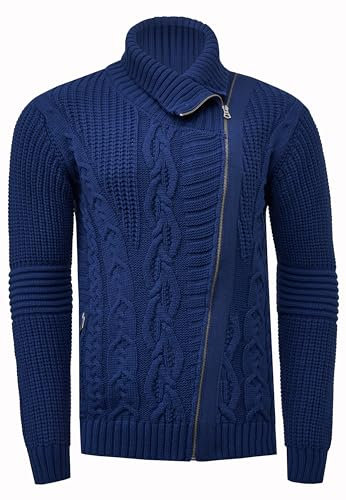 Rusty Neal Strickjacke mit Rollkragen und Asymmetrischem Reißverschluss im Biker-Stil Rolli Pullover Streetwear Knitwear 389, Farbe:Blau, Größe S-3XL:XXL
