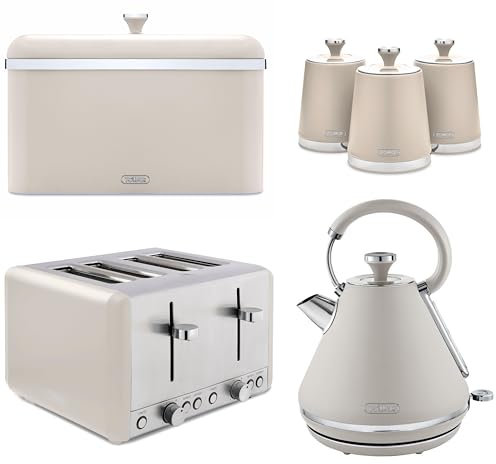 Tower Cavaletto Latte Pyramid Kettle, 4 Slice Toaster, Bread Bin & Canisters Set. Contemporary Matching Kitchen Set of 6 in Latte Colour