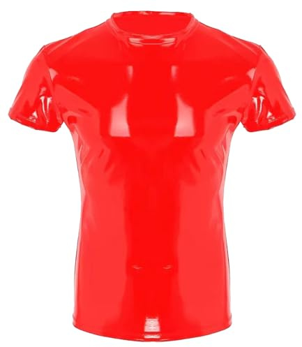 AIEOE Men's Patent Leather T-Shirt Wetlook Short Sleeve Shirt Sexy Muscle Shirt Shiny Party Outfit