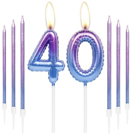 Juego de velas de cumpleaños coloridas, velas con número 40 con 6 velas largas de color morado y azul, velas de feliz cumpleaños de 40 horas para pasteles, velas de pastel para niñas y niños,