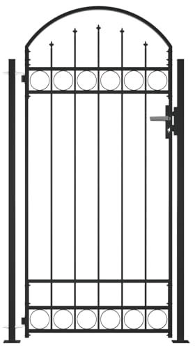Sufrk Puerta para valla de arco con 2 postes, 105 x 204 cm, negra, puerta para jardín de red con cerradura y asas estable, duradera, entrada o puerta, de acero galvanizado