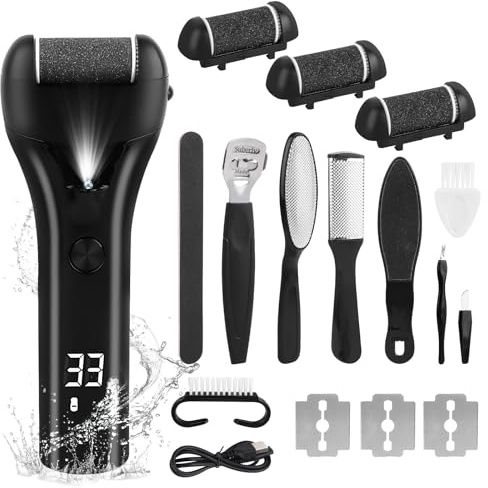 Pedicure Elettrico Set Cura del Piede con 3 Rulli di Ricambio, IPX7 Impermeabile, Rimottore Corneale con Display a LED