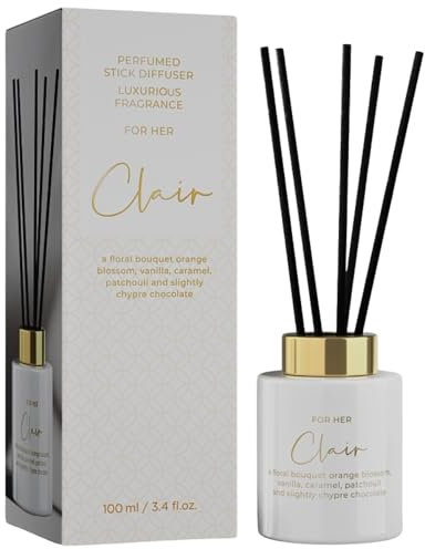 Ambientador prémium para habitación, difusor de Aroma, ambientador de baño, Incluye 5 Varillas de 100 ml, Aroma Vainilla, Caramelo y pachulí en Cristal de diseño, 7 x 7 x 20 cm.