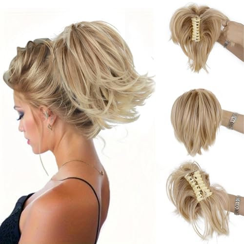 AOWVUTS Postiche Queue de Cheval avec Pince Naturel a Clip Ondulé Extension Queue de Cheval Synthétique Droite Court Extensions Chignon Cheveux Claw on Ponytail Bouclée pour Femmes Filles