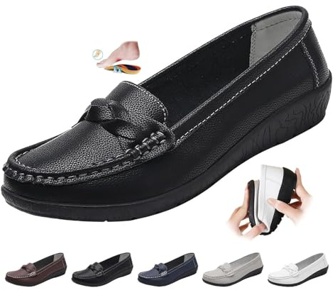 Mocassins orthopédiques pour femme en cuir respirant, large coupe mocassins classiques mocassins chaussures de conduite chaussures de travail bureau infirmières, Noir , 40 EU