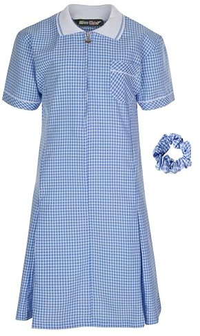 Girl's School Uniform Pleated Gingham Summer Dress + Hair Bobble Age 3 4 5 6 7 8 9 10 11 12 13 14 15 16 17 18 Years Sky Blue