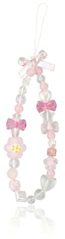 Hopzab Pink Phone Charm Mobile Chain Cute Beaded Mobile Strap Phone Pendant Wrist Strap Smartphone Lanyard for Girls Women Ladies Gifts (Flowers Bowknot Beaded)