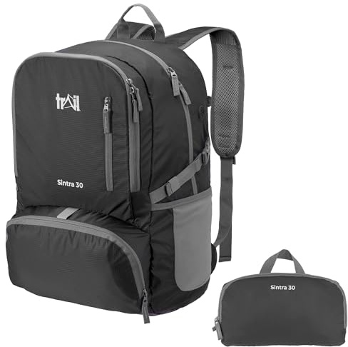 Trail Foldable Backpack, Lightweight Packable Rucksack, 30L, Black | Ultralight Foldable Travel Backpack, Ripstop Polyester, Multiple Pocket Storage, Bottle Holders, Compression Straps, USB Port