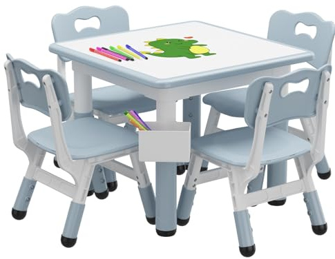 Garvee Kids Table with 4 Chairs, Children's Seating Height Adjustable, Painting Table Chair Set, Children's Furniture for Playroom, Nursery and Study Room, Square Table for Boys & Girls from 3 years