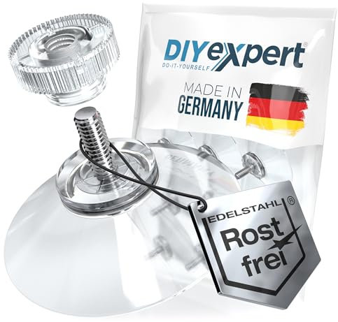 DIYexpert® 4 x Ventosas diámetro 50 mm con rosca M4 x 10 mm incluye tuercas moleteadas transparentes, fabricadas en Alemania