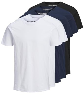 JACK & JONES JJEORGANIC Basic Tee SS O-Neck 5PK MP T-Shirt, Noir/Paquet : 2 Blanc, 2 Bleu Marine, 1 Noir, XL Homme