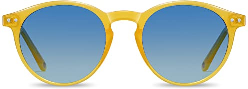 H HELMUT JUST Gafas de Sol Hombre Mujer Redondas Polarizadas Vintage Amarillo Lente Azul TR90 y Acetato (C3)