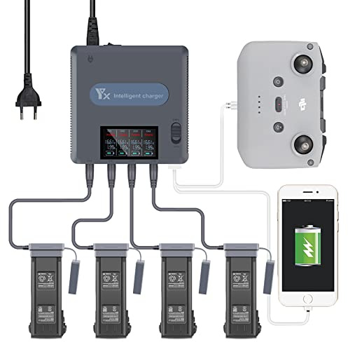 LYONGTECH LCD Display Akku Ladegerät für DJI Mavic 3 Classic/Pro,Mavic 3 Drohne,lädt 4 Batterie und 2 USB-Anschlüsse Gleichzeitig, 6 in 1 Parallel Akkuladestation Hub Zubehör