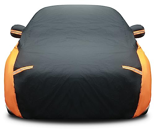 Riakrum Full Car Cover Waterproof All Weather for Automobiles Windproof Cover Rain UV Protection Sun Scratch Resistant Outdoor Universal(Fit Sedan Length (185-193'') 70'' H,Black, Orange)