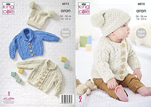 King Cole Baby Aran Knitting Pattern Raglan Sleeve Cable Knit Cardigan & Hat (6015)
