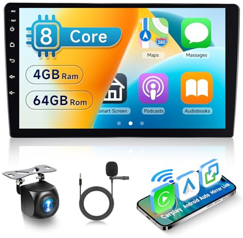Hodozzy 8 Core 4G+64G Autoradio Android 2 Din Bildschirm 9 Zoll IPS Touchscreen Autoradio mit Carplay Wireless Android Auto Mirror link DSP GPS Navi WiFi Bluetooth FM RDS Radio Doppel din Auto Radio