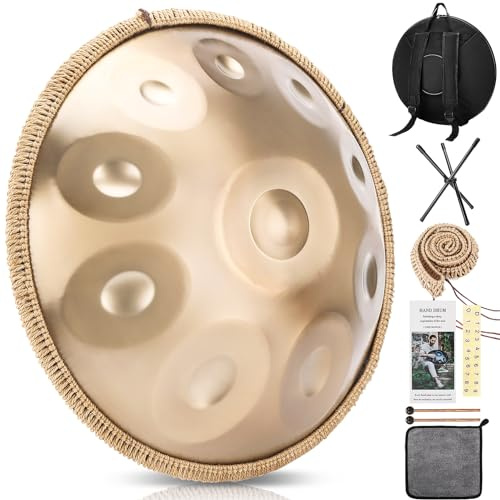 Handpan 22 Pulgadas 10 Notas Tambor de Acero, 432 Hz Re Menor Percusión de Tambor Golden Handpan con Bolsa Suave, Soporte para, Mazos, Paño Antipolvo para Sanación con Sonido, Yoga
