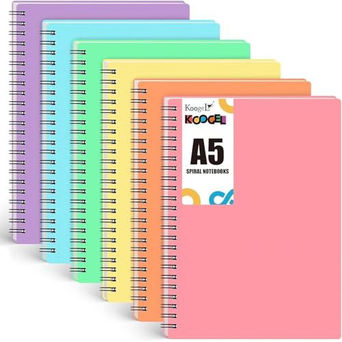 Koogel 6PCS Spiral Notebooks Macaron Colours, A5 College Ruled Spiral Journal 14.8 x 21cm Colourful Study Notebooks 480 Sheets/960 Pages for Office School