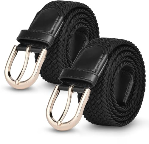 flintronic Elastiskt flätat bälte, elastiskt stretchvävt bälte med täckt läderspänne, justerbart mode midjeband, unisex män kvinnor vardag midjeband för jeans, byxor, #3 2 st Svart, 107 cm