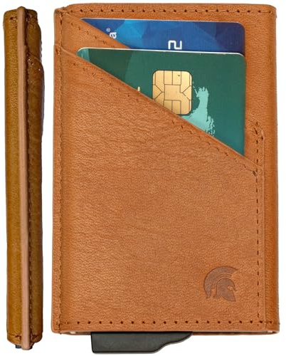 POWR Card Holder Wallet. Light Brown Vegan Leather RFID Card Holder for Men. Minimalist Wallet Credit Card Holders for Men. Pop Up Metal Slim Walet Credit Card Holder