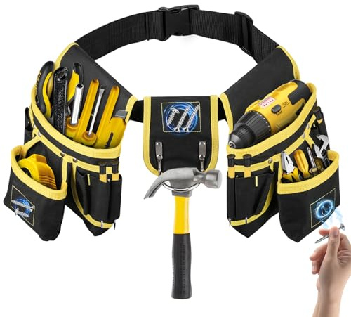 Tool Belt, 27-Pockets Tool Belts for Men Work Belt Pouch Adjustable Organiser Work Apron with Hammer Holder Tool Bag Gift for Men Women Electrician Carpenter Construction