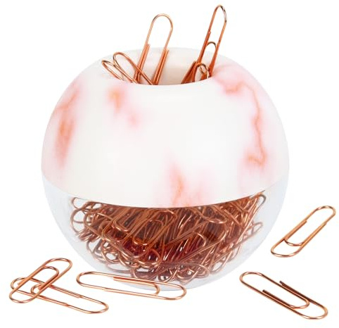 MultiBey Magnetic Paper Clip Holder, Marble Pink Paper Clip Dispenser for Desk, Round Cute Paperclip Organzier, 28mm, 100pcs Rose Gold Clips per Box (Pink Marble)