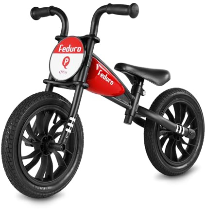 Balance Bike Feduro QPLAY Bicicletta senza pedali per bambini da 3 a 6 anni, bici d'equilibrio con sella regolabile in altezza, ruote da 12 pollici a camera d'aria all terrain, fino 30 kg (rosso/nero)