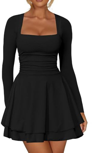 RPAEOY Kleid Damen Sexy Langarm Quadratischer Ausschnitt Minikleid Rüschen Eng Kurz Bodycon Elegant Cocktailkleid Abendkleider Partykleid (M)