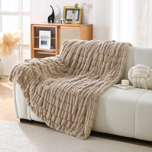 DREAMLANDING Manta de Tiro de Piel Sintética de Conejo de Lujo Felpa Sherpa Reversible Difusa Cálida Acogedora Esponjosa de Piel para Cama Sofá Sillón Decoración del Hogar (Café-2, 130 x 150 cm)