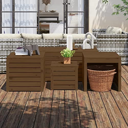 Gecheer Set di scatole da giardino, 4 pezzi, marrone miele, legno di pino massiccio, contenitore di immagazzinaggio esterno, organizer per attrezzi, cassapanca per balcone, terrazza