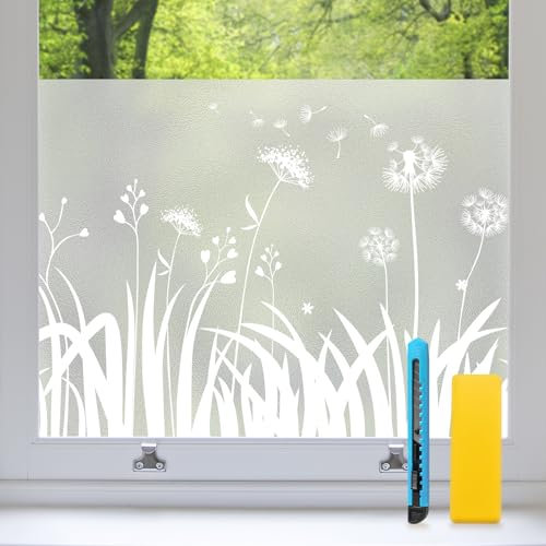 Zindoo Fensterfolie Blickdicht Löwenzahn Sichtschutzfolie Fenster Statische ohne Klebstoff Milchglasfolie Anti-UV Geeignet für Badezimmer, Büro Wohnzimmer, Umkleide 44.5 x 200 cm