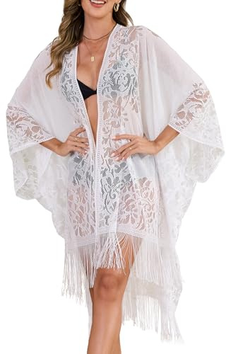 Elegant Kimono Strandöverdrag med Spetsdetaljer – Perfekt för Semester & Badkläder