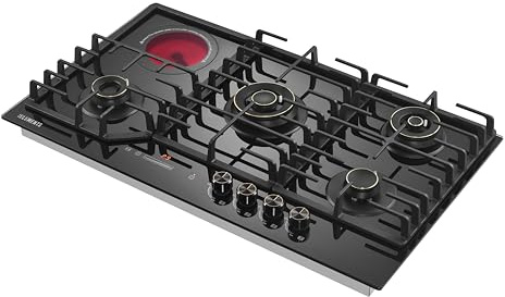 KB ELEMENTS ELK131GH5 Gaskochfeld 5 Flammig, Gaskochfeld 90cm, 4 Flammig + Glaskeramikkochfeld, Kupfer- und Aluminium-Brennern, Gusseisenrost, NG/LPG Konvertierbar, Gaskochfeld mit Flammenschutz